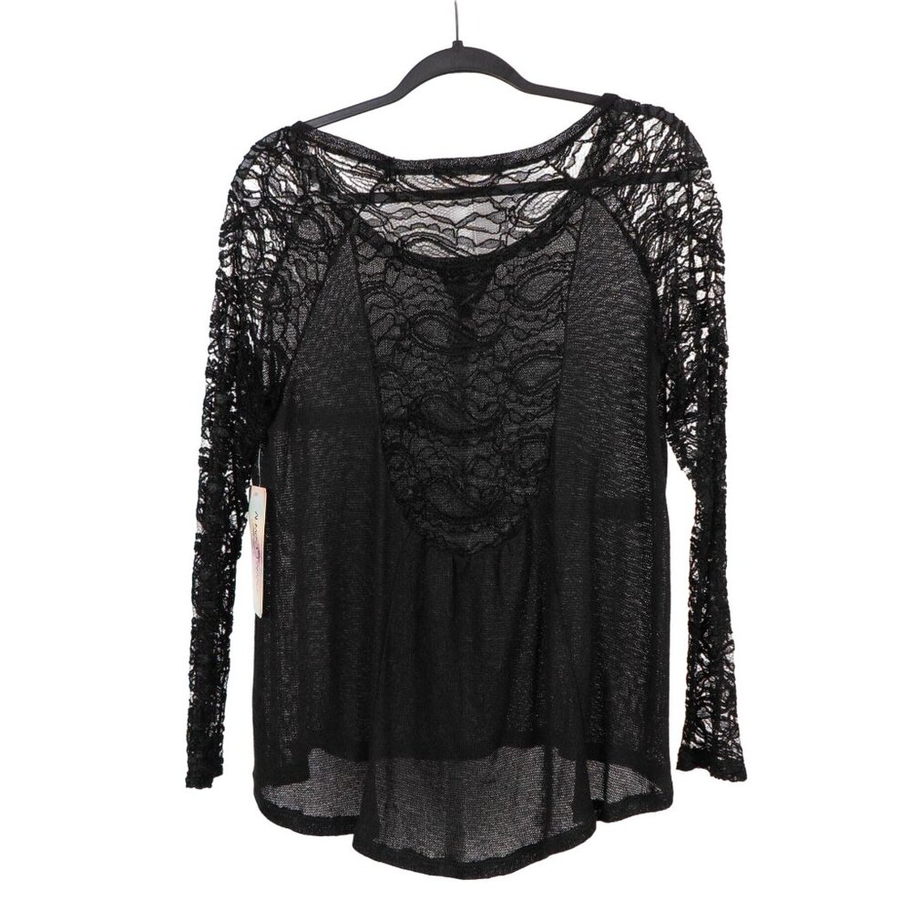 Sheer Lace Shirt XL Black Long Sleeve Top Elegant Boho Whimsigoth Hi-Low Fairy - Picture 6 of 6